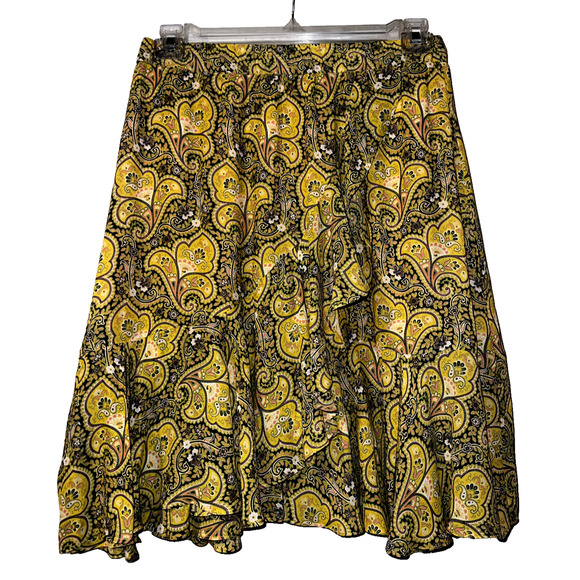 ANN TAYLOR LOFT Skirt Size S Yellow Paisley Faux Ruffle Wrap Boho Gypsy Artsy - Picture 1 of 7